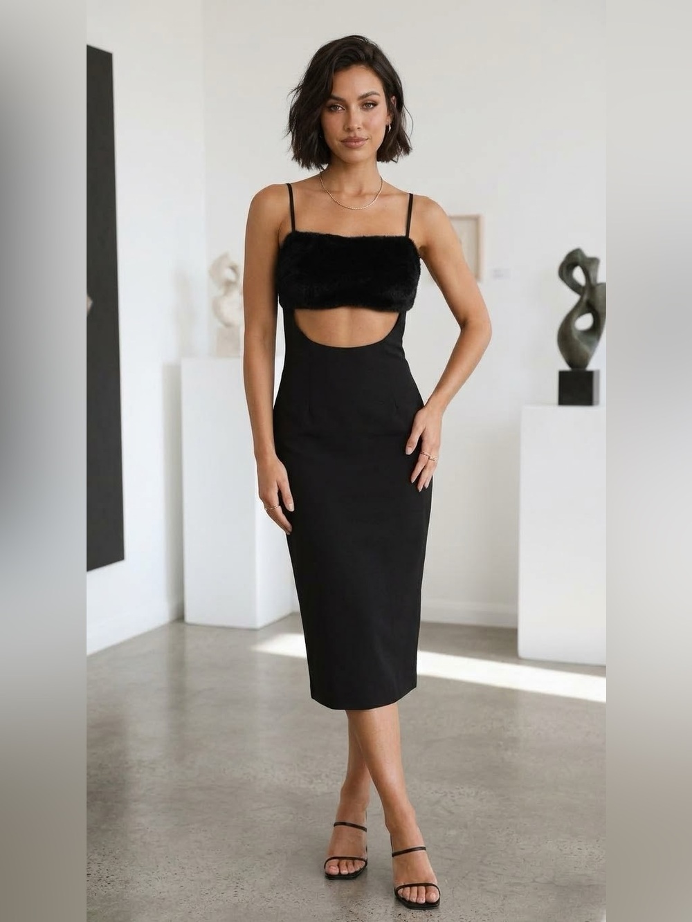 Naked Wardrobe • Women's Black Faux Fur Cut Out Bodycon Midi Party Dress Small